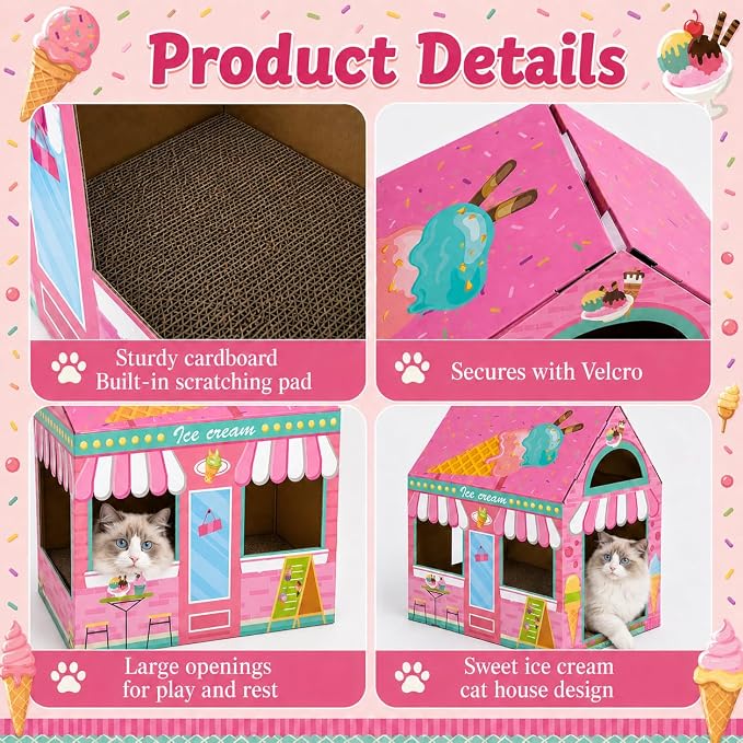 Cinrobiye Cardboard Cat House with Scratcher, Indoor Cat Condo Cat Cave Hideout with Scratch Pad, Cardboard Cat Playhouse Bed for Cats, Kittens, Rabbits & Small Pets (Ice Cream)