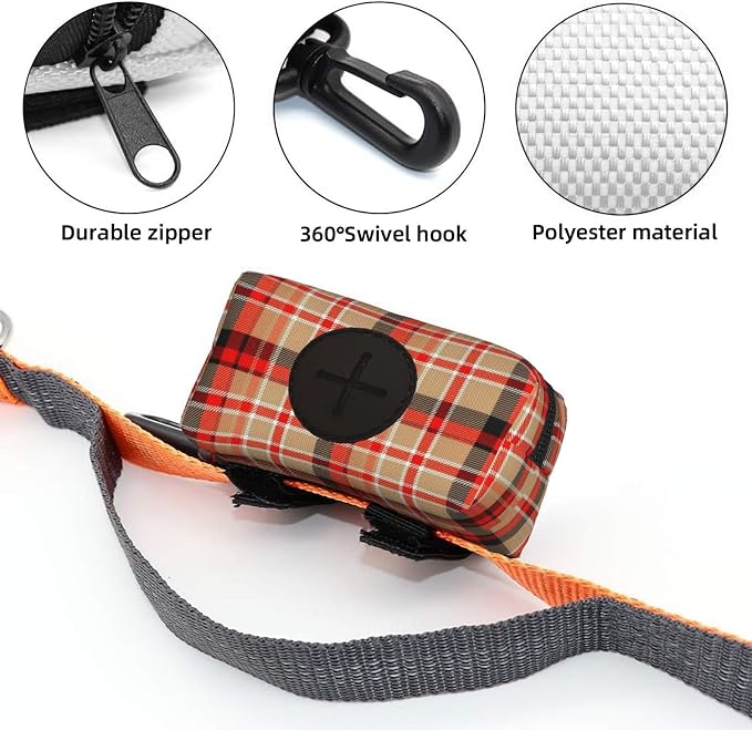 Dog Waste Bag Dispenser Pet Poop Bags Holder Zipper Red Beige Tartan Plaid Pattern Small Doggy Puppy Pouch for Leash Accessory
