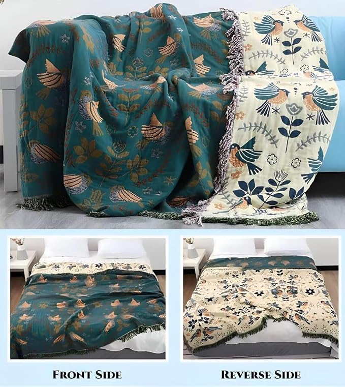 Boho Throw Blanket for Bed 100% Cotton Bohemian Blankets Ultra Soft Woven Muslin Decorative Blankets All Seasons Vintage Quilt Knitted Blanket for Sofa Chair(Blue, 50"x60")