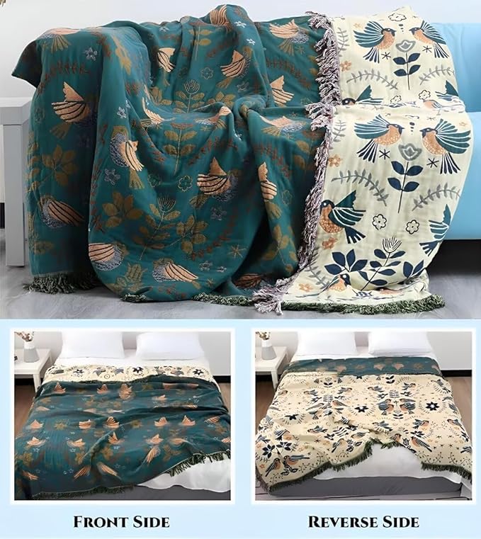 Boho Throw Blanket for Bed 100% Cotton Bohemian Blankets Ultra Soft Woven Muslin Decorative Blankets All Seasons Vintage Quilt Knitted Blanket for Sofa Chair(Blue, 90"x98")