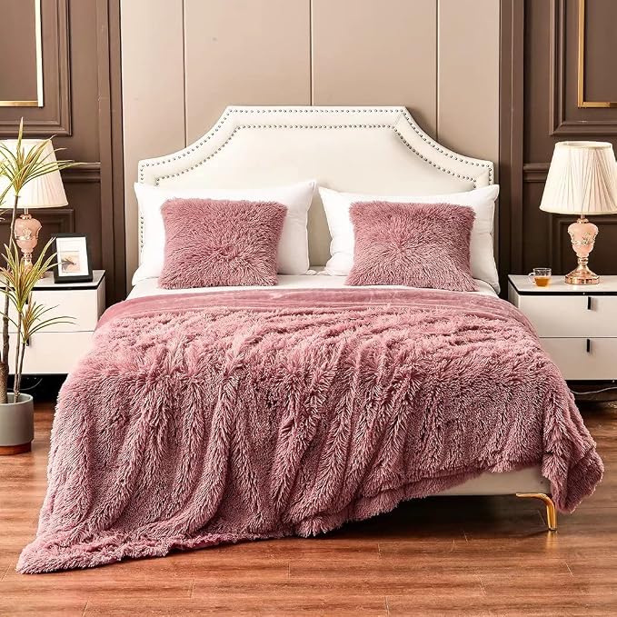 YUSOKI Long Faux Fur Queen Size Blanket, Pink, 90" x 90" | Ultra Soft, Lightweight for All Season Use, stays fluffy after repeated washes, Perfect Gifts, Machine Washable