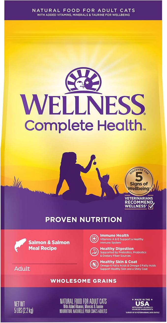 Wellness Complete Health Adult Dry Cat Food, Natural, Wholesome Grains Kibble, Salmon Recipe, 5 lb Bag