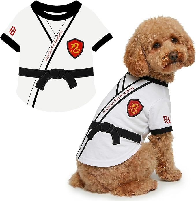 Parisian Pet Dog Karate Academy Shirt - Embroidered Pet Vest - 100% Cotton & Polyester Doggy Shirt - Lightweight Pet Clothes - Sleeved Puppy Costume - Funny Shirts for Large Dogs - L