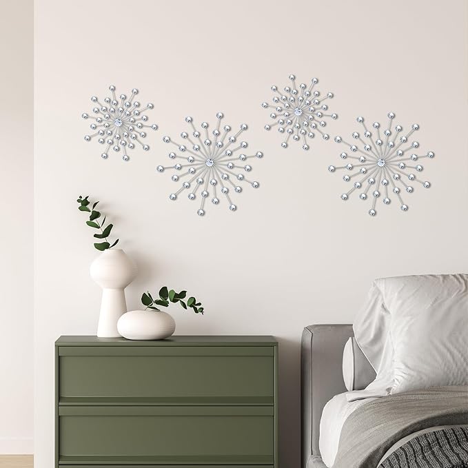 ZEXUIRU 4 Set Silver Starburst Wall Art for Home Decor Metal Bling Crystal Rhinestones Sunburst Wall Decor Sparkling Rhinestone Art Accent Silver - 13 in
