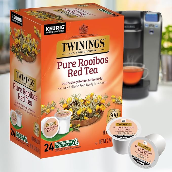 Twinings Pure Rooibos Red Tea K-Cup Pods for Keurig, 24 Count (Pack of 2), Natural, Slightly Sweet Taste, Naturally Caffeine-Free, Enjoy Hot or Iced