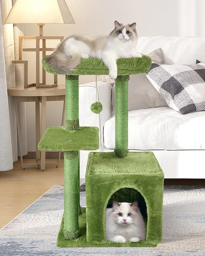 FISH&NAP Cute Cat Tree Kitten Cat Tower for Indoor Cat Condo Sisal Scratching Posts with Jump Platform Cat Furniture Activity Center Play House Green | FISH&NAP For Indoor Jump Platform Activity Center Play House Green