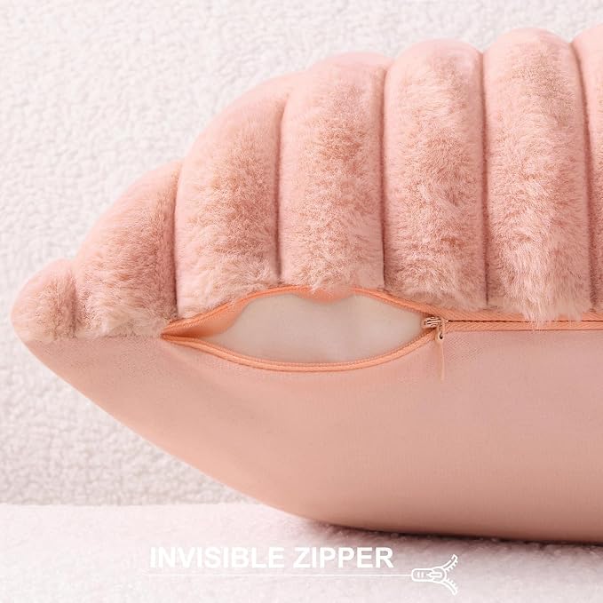 Pallene Faux Fur Decorative Throw Pillow Covers 18x18 Set of 2, Pink | Luxury Plush Texture, Striped Design, Cozy Soft Touch, Modern Home Accent Decor for Couch, Sofa, Bed, Living Room