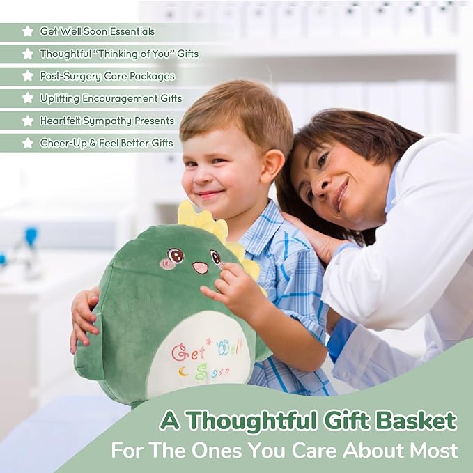 Get Well Soon Gift for Kids Boys, Feel Better Gifts for Kid, 12'' Get Well Soon Dinosaur Plush Pillow & Soft Cozy Flannel Throw Blanket, Dinosaur Gifts Set for Boy, Kids Get Well Baskets