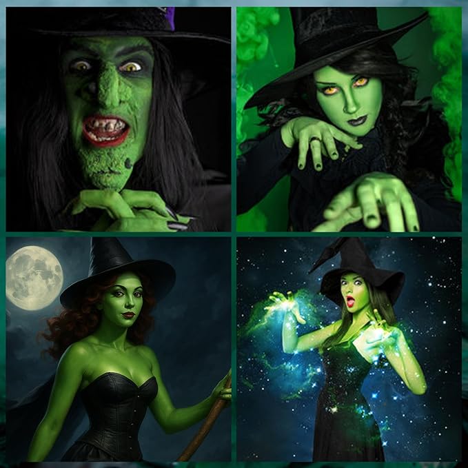 Green Witch Makeup Kit,Elphaba Costume Face Paint,Black Green Yellow Face Paint with Setting Powder,Halloween SFX Scar Wax Putty Wound Makeup,Frankenstein Gamora Hunting Hulk Body Paint