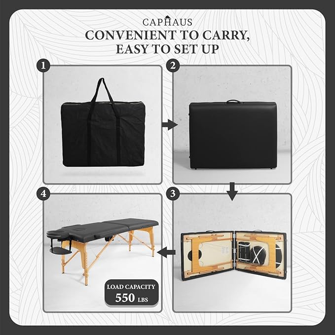 CAPHAUS 84 Inch Memory Foam Massage Table, 28 Inch Wide Foldable & Portable Massage Bed, Facial Cradle Salon Bed Wooden Legs & Carry Case, Height Adjustable Spa Bed, Black