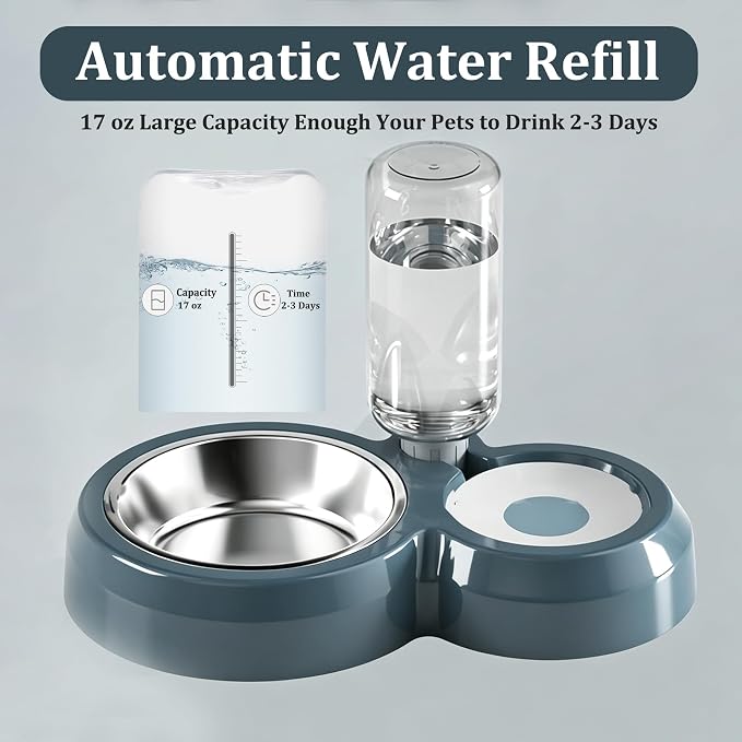 YSHOME&PET Double Dog Bowls, Cat Food & Water Bowl Set with Water Dispenser | Detachable Durable Stainless Steel Bowl Gravity Feeder for Small or Medium Size Dogs Cats Kittens Rabbits Bunny Easy to Clean