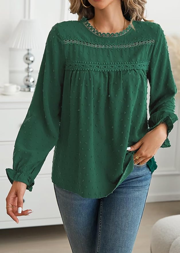 Womens Boho Tops Long Sleeve Shirts For Women Cute Crewneck Blouse Dressy Casual Swiss Dot Crochet Hollow Top 2026