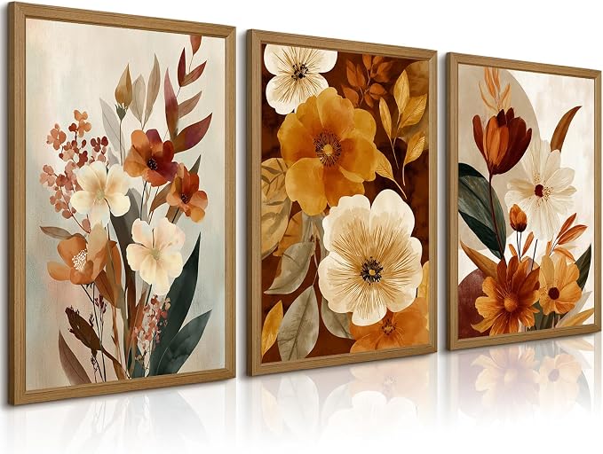 Boho Flower Wall Art Vintage Abstract Floral Prints Botanical Canvas Wall Decor Flower Farmhouse Pictures Fall Plant Poster Rustic Autumn Floral Artwork for Bedroom Living Room 16x24x3 Inch Framed ﻿