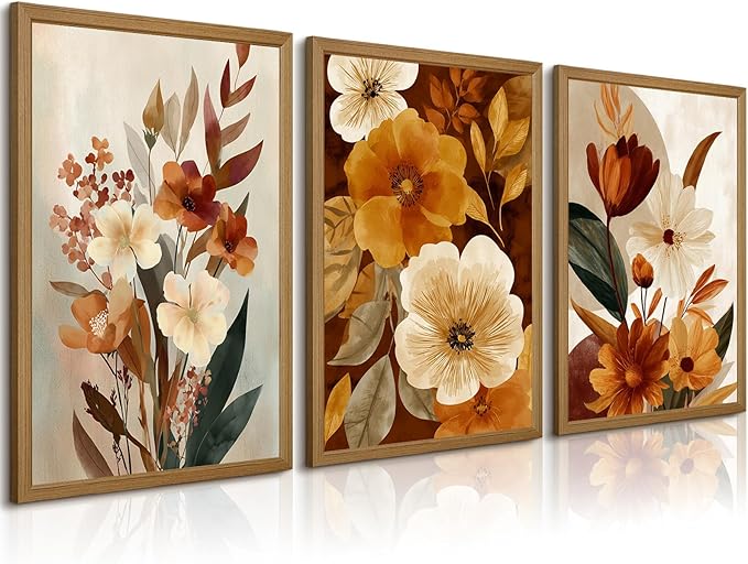 Boho Flower Wall Art Vintage Abstract Floral Prints Botanical Canvas Wall Decor Flower Farmhouse Pictures Fall Plant Poster Rustic Autumn Floral Artwork for Bedroom Living Room 12x16x3 Inch Framed ﻿