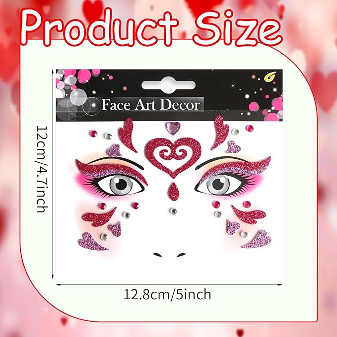 Valentine Face Gems Face Jewels Stickers Red Love Heart Lip Self Adhesive Eye Body Face Nail Hair Crystal Rhinestones for Makeup Festival Glitter Face Art Decor 2Sheets (style6)