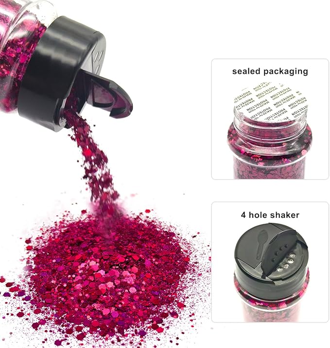 Fuchsia - Craft Glitter - 2oz Glitter Shaker Bright Colorful Holographic Mix Chunky Body Glitter Bulk Wholesale 24 Colors in Shaker Cosmetic Glitter - EBLB900