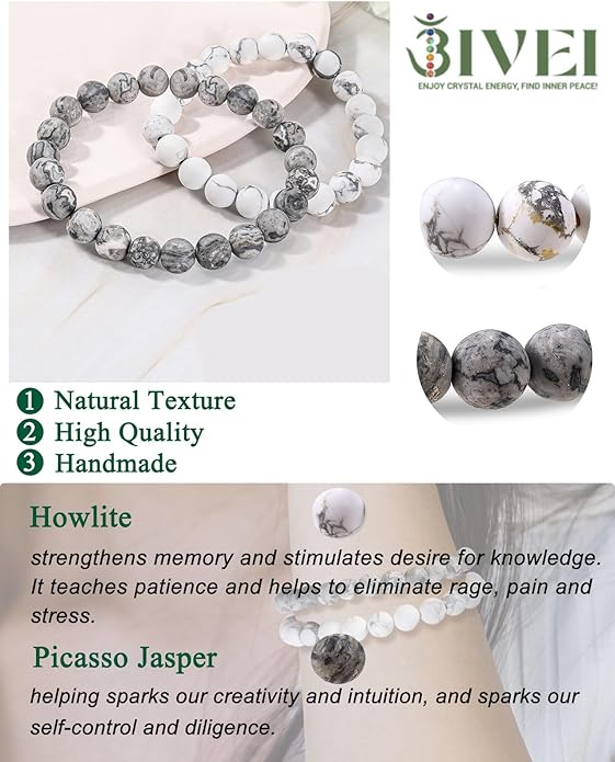 Bivei Natural Gemstone Semi Precious Healing Crystals Handmade Stretchy Round Beads Bracelet,Stocking Stuffers for Women Enhance Positive Energy