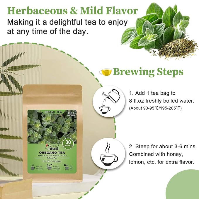 FullChea - Oregano Tea Bags, 30 Count, Dried Oregano Leaves | 100% pure dried oregano herbal tea, rich in plant antioxidants, Non-GMO & caffeine-free, easy to brew hot or iced daily