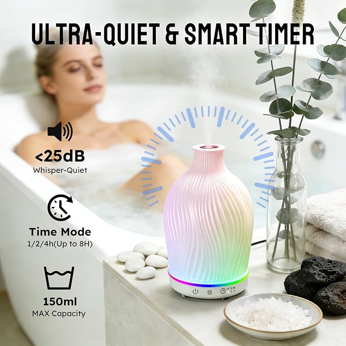 Essential Oil Diffuser 150ml,Resin Diffuser Ultrasonic Aromatherapy Humidifier with 1/2/4H Timer, 7 Color Lights, Auto Shut-Off, Whisper-Quiet for Home Bedroom Office (White)