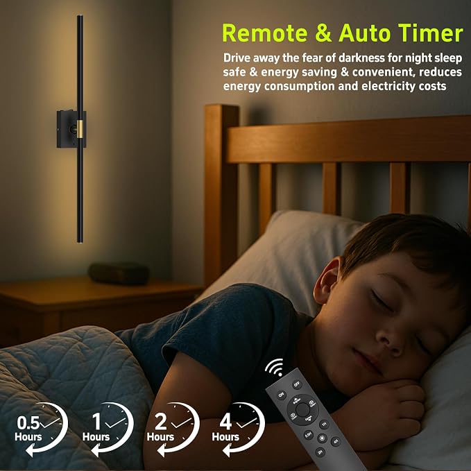 Battery Operated Wall Sconces Set of 2, 10000mAh, Black | Detachable rechargeable battery, 31.5" wireless lighting for TV wall mirror bedroom or living room decor