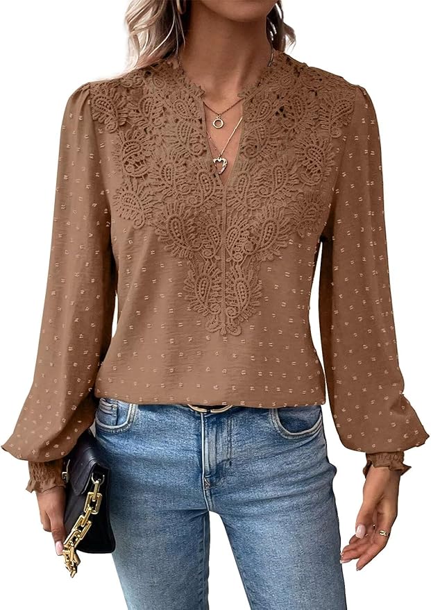 Womens Tops Swiss Dot Boho Long Sleeve Shirts V Neck Casual Chiffon Blouses Flowy Lace Hem Cute Clothing Trendy 2026