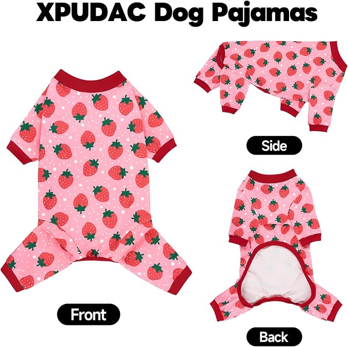 XPUDAC 2 Pack Dog Pajamas for Small Breeds, Soft Warm Dog Pjs Onesie 4-Way Stretch Pet Outfit Lightweight Pet Clothes Boy Girl Duck Strawberry Print, S