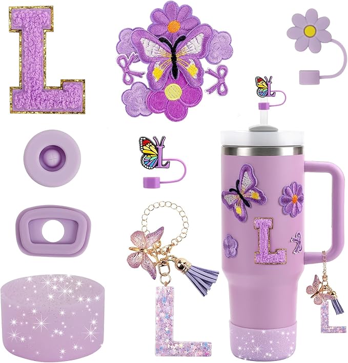 15PCS Cup Accessories Set for Stanley Cup 30oz 40oz Tumbler with Handle, Including Silicone Straw Cover and Boot, Spill Proof Stopper, Stanley Charms, Handle Charm, Initials Sticker