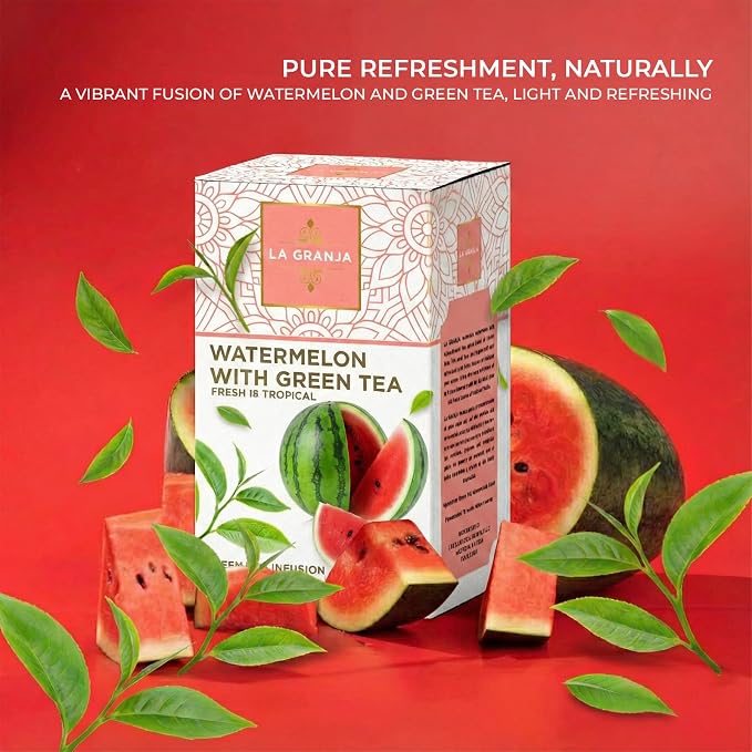 Life Plus Style Gourmet La Granja Watermelon Green Tea Hot or Iced 25 Individually Wrapped Herbal Green Tea Infusion Caffeinated Watermelon Tea Fruity Refreshing Beverage