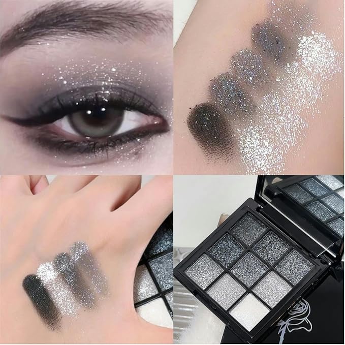 9 Colors Glitter Eyeshadow Palette, Black Silver Gray White Goth Shimmer Sparkly Eye Shadow Makeup Palette, Metallic Eyeshadow, Smokey Eye Glitter Makeup Sombras De Ojos