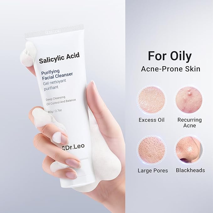 Dr.Leo Salicylic Acid Foaming Cleanser, Face Wash for Oily, Combo & Acne-Prone Skin | 8 Amino Acids Gentle Non-Irritating, 3X Crystal Jelly Deep Clean, Oil Control, Prevents Breakouts, 2.7 oz