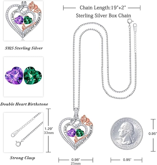 Iefil Valentines Day Gifts for Her Wife - 925 Sterling Silver Double Birthstone Necklace, Anniversary Birthday Gifts for Women, Jewelry Gift for Wife Girlfriend Mom Her