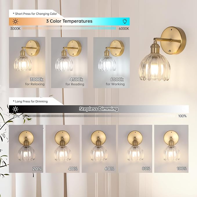 Shenmoyl Battery Operated Vintage Wall Sconces with Transparent Tulip Glass Lampshade Battery Powered Wall Lighting for Bedside Bedroom Doorway, Set of 2