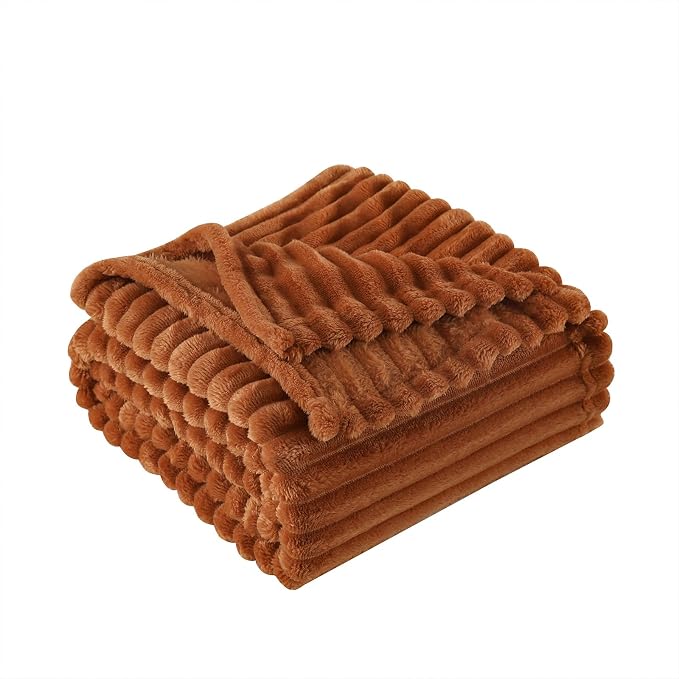 Burnt Orange Fleece Throw Blanket 50”×70” for Couch Sofa Livingroom | Super Soft Cozy Plush Microfiber Flannel Bed Blanket Striped Design Lightweight Home Decor Gifts for Adults Mom Women