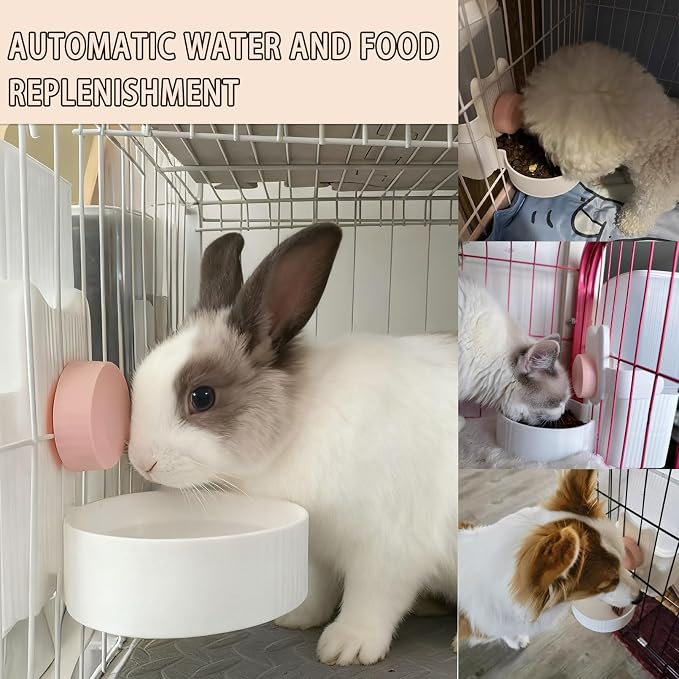 kathson Rabbit Feeder for Cage,Bunny Water Bottle,Pet Food Dispenser,Pink | Gravity Automatic Guinea Pig Feeder Waterer Set,Hanging Small Pet Food Bowl Feeding Station for Ferret Chinchilla Cat Puppy