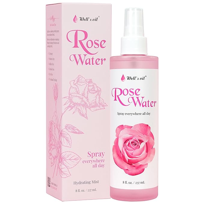 Well's Oil Rosewater Face & Hair Mist Spray (8 fl oz / 236 mL) | Floral Rosewater Hydrosol | Alcohol-Free