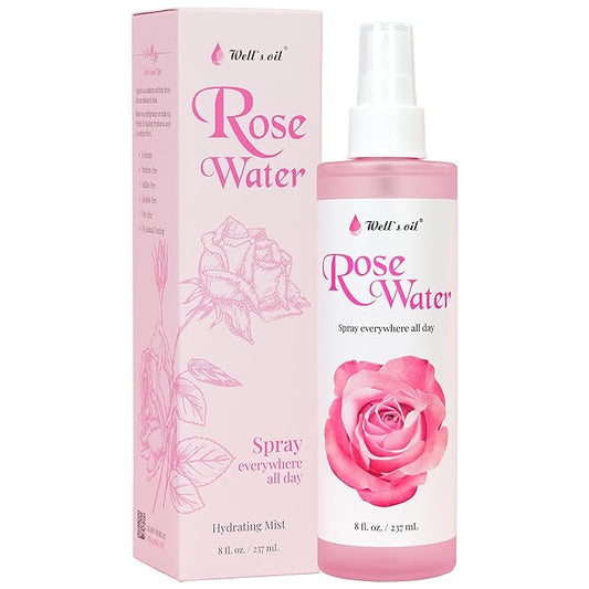 Well's Oil Rosewater Face & Hair Mist Spray (8 fl oz / 236 mL) | Floral Rosewater Hydrosol | Alcohol-Free