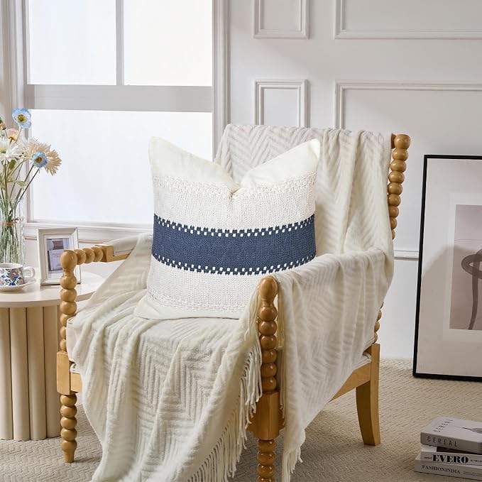 Throw Pillow Covers 1PC for Living Room, Cotton & Burlap, Boho Sytle Decorative Home (Beige & Blue, 18x18 Inch)