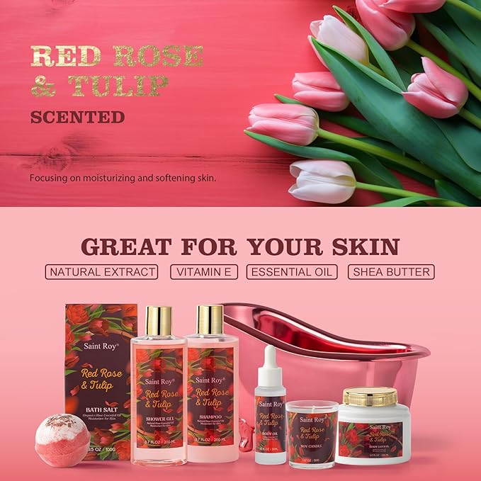 Mother's Day Gifts for Women, spa kit Gifts for Her Mother's Day Bath Spa Gift Set Red Rose & Tulip Spa Basket Kits for Women, Contains Body Oil, Body Lotion, Salt, Self care baskets Mother Gift