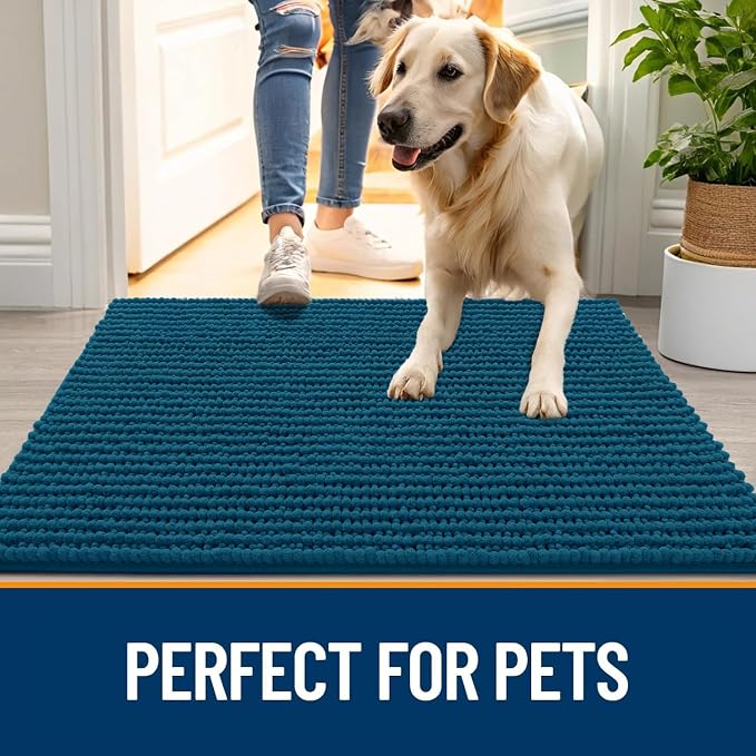 OLANLY Dog Door Mat for Muddy Paws 24x16, Extra Absorbent Chenille Mud Mat | Atlantic Blue, Absorbs Moisture and Dirt, Non-Slip Machine Washable Doormat, Quick-Drying Indoor Entryway Floor Mat for Dogs