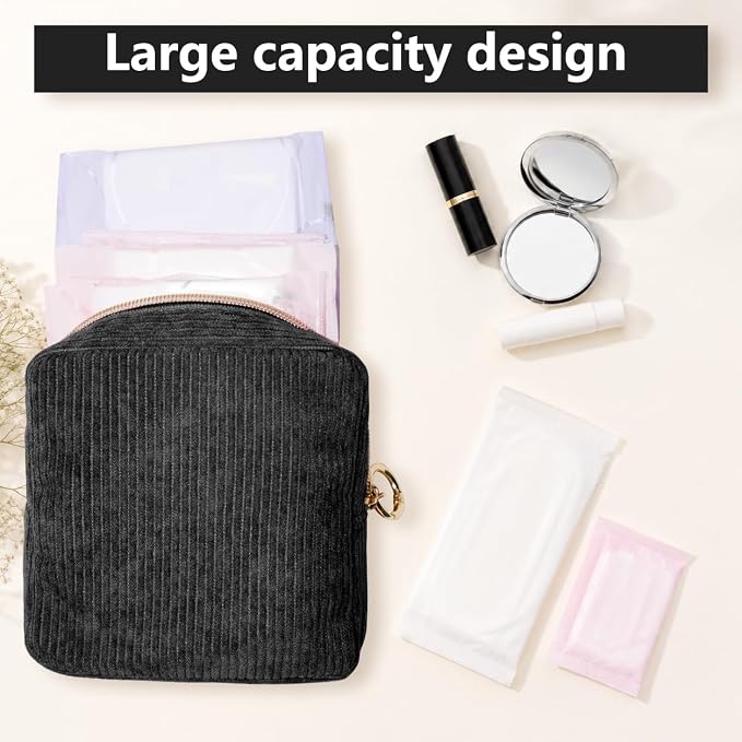 Period Bag for Girls, Corduroy Period Kit with Sanitary Pad Pouch, Menstrual Storage Bag and Tampon Holder for Purse, Girls School Essentials,Feminine Care Organizer(Black)