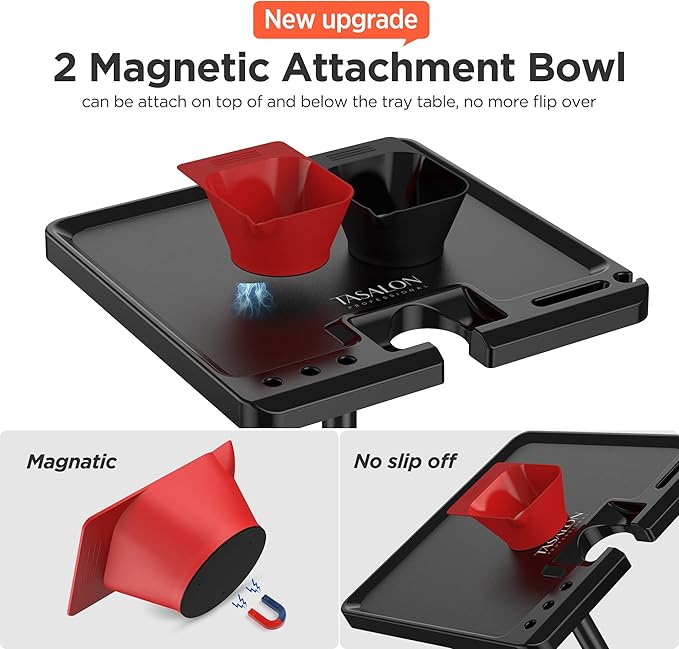 TASALON Ultimate Salon Tray on Wheels,Tray Cart with 2 Magnetic Bowls Irony Tattoo Table Station Rolling Tray with Hair Stickless Wheels,Chemical-Resistant Hair Stylist Instrument Tray,Tray for Dyson