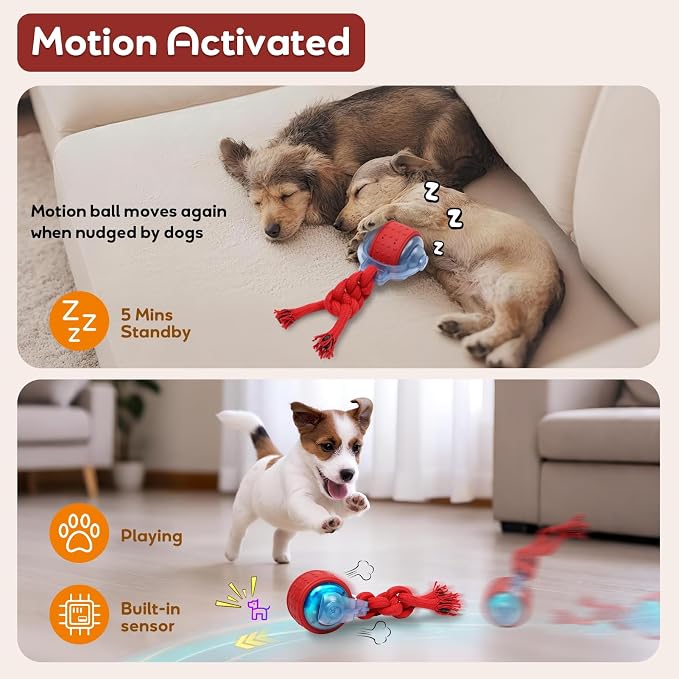Dog Toys Interactive Rolling Ball with Rope, Motion-Activated