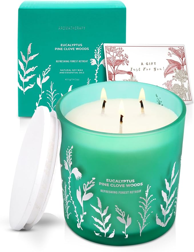 Eucalyptus Pine Clove Woods Scented Candle - Large 3-Wick Aromatherapy Soy Candle for Home, 14.5oz - Pine Balsam Forest Stress Relief Candle - Birthday Gift for Women & Men