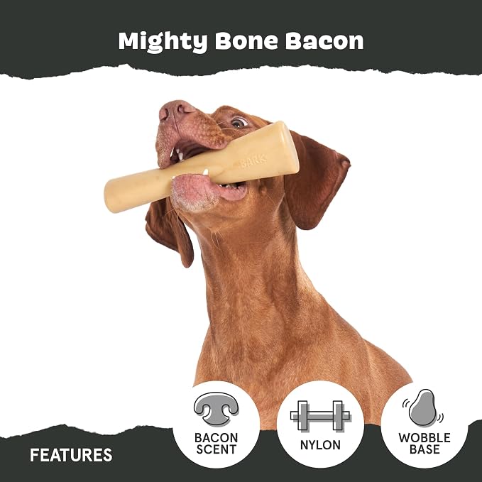 BarkBox Mighty Bone Bacon Super Chewer - Toy for Small Dogs | Durable Dog Toy for Aggressive Chewers - Bacon Scented Chew