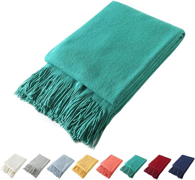 Homiest Teal Knitted Throw Blanket with Fringe, 50x60 Inch | Pure Acrylic, Lightweight & Breathable, All-Season Use, Machine Washable, Wrinkle & Fade Resistant, for Couch Sofa And Bed