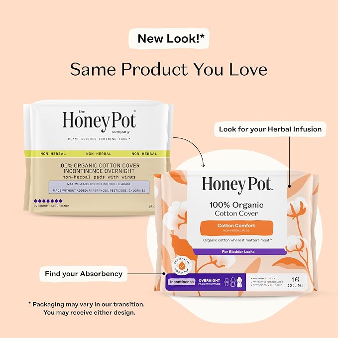 The Honey Pot Company – Incontinence Pads for Women - 64ct- Non-Herbal Overnight - Bladder Leak Control - Organic Cotton Cover & Ultra-Absorbent Pulp Core - Feminine Care