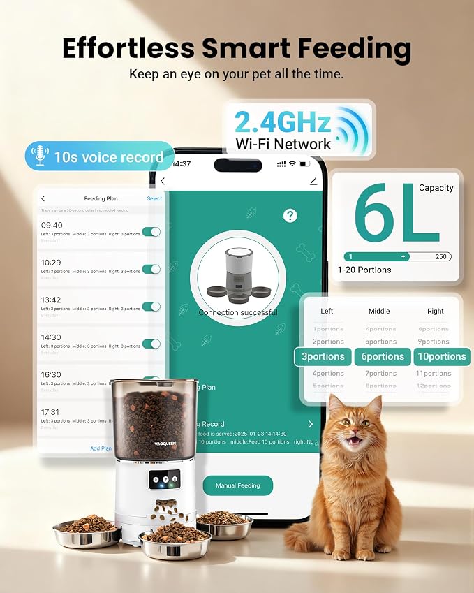 Automatic Cat Feeder for 3 Cats with WiFi Control, Anti-Jam System, 6L | Fresh-Keeping Cat Food Dispenser with Dual-Effect Desiccant System, 10S Voice Recorder for Cats and Small Dogs