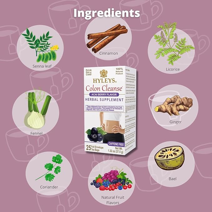 HYLEYS Colon Cleanse Tea, Acai Berry Flavor - 25 Individually Wrapped Herbal Tea Bags - Caffeine Free, Gluten Free