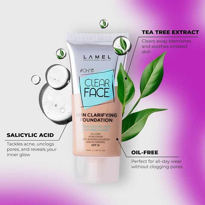 LAMEL Oh My Clear Face Full Coverage Foundation for Oily & Acne Prone Skin, Salicylic Acid & Tea Tree Extract, Anti-Blemish Sensitive Skin Care, Organic & Oil-Free, 404 Custard, 40 ml / 1.35 fl.oz