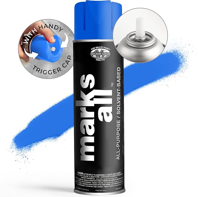 Fox Valley 18oz Marks All Solvent-Based Marking Paint Spray, 12-Pack Blue Fluorescent – Long-Lasting, Weather-Resistant Spray Paint for Wet or Dry Surfaces Like Metal, Grass, Concrete, Wood, & More